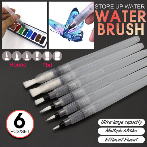 Bianyo 6Pcs Different Shape Large Capacity Barrel Water Paint Brush Set For Self Moistening Pen Calligraphy Drawing Art Supplies