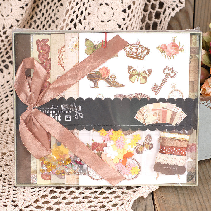 Ribbon Gift Scrapbooking kit set includes 8''Diy photo album /vintage background paper/stickers/pre-cutted pad