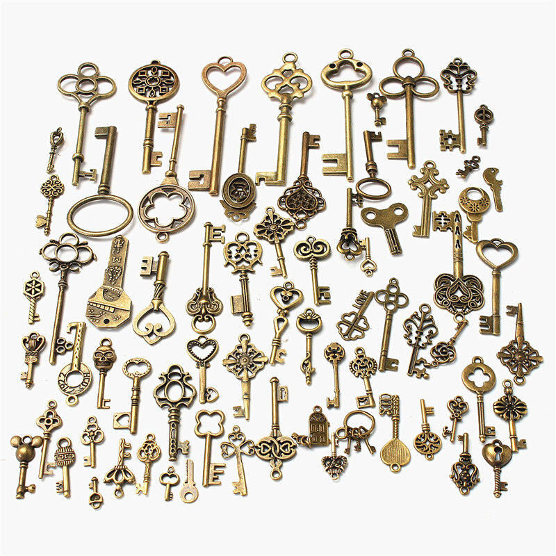 New Set of 70 Antique Retro Vintage Old Look Bronze Keys Fancy Heart Bow Necklace Pendant Metal Craft DIY Handmade Collection